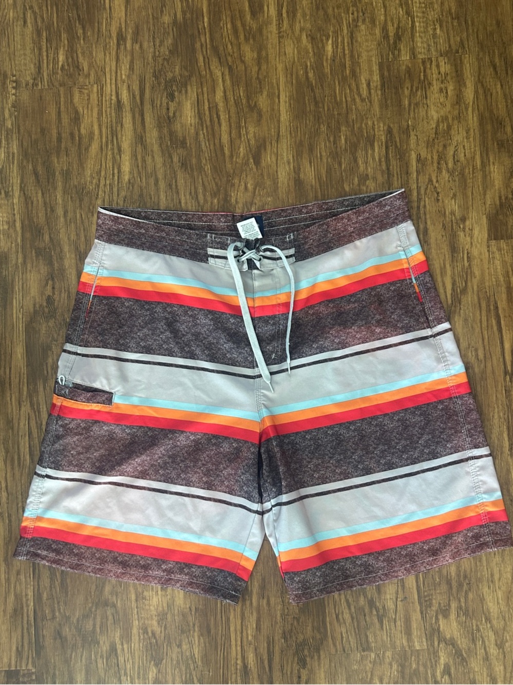 Route 66 Maroon Striped Board Shorts with Red and Orange Accents